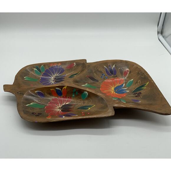 Vntg Mexican Folk Art Wooden Wood Divided Bowl/Tray 14” Long 8” Wide Flowers - Picture 6 of 12